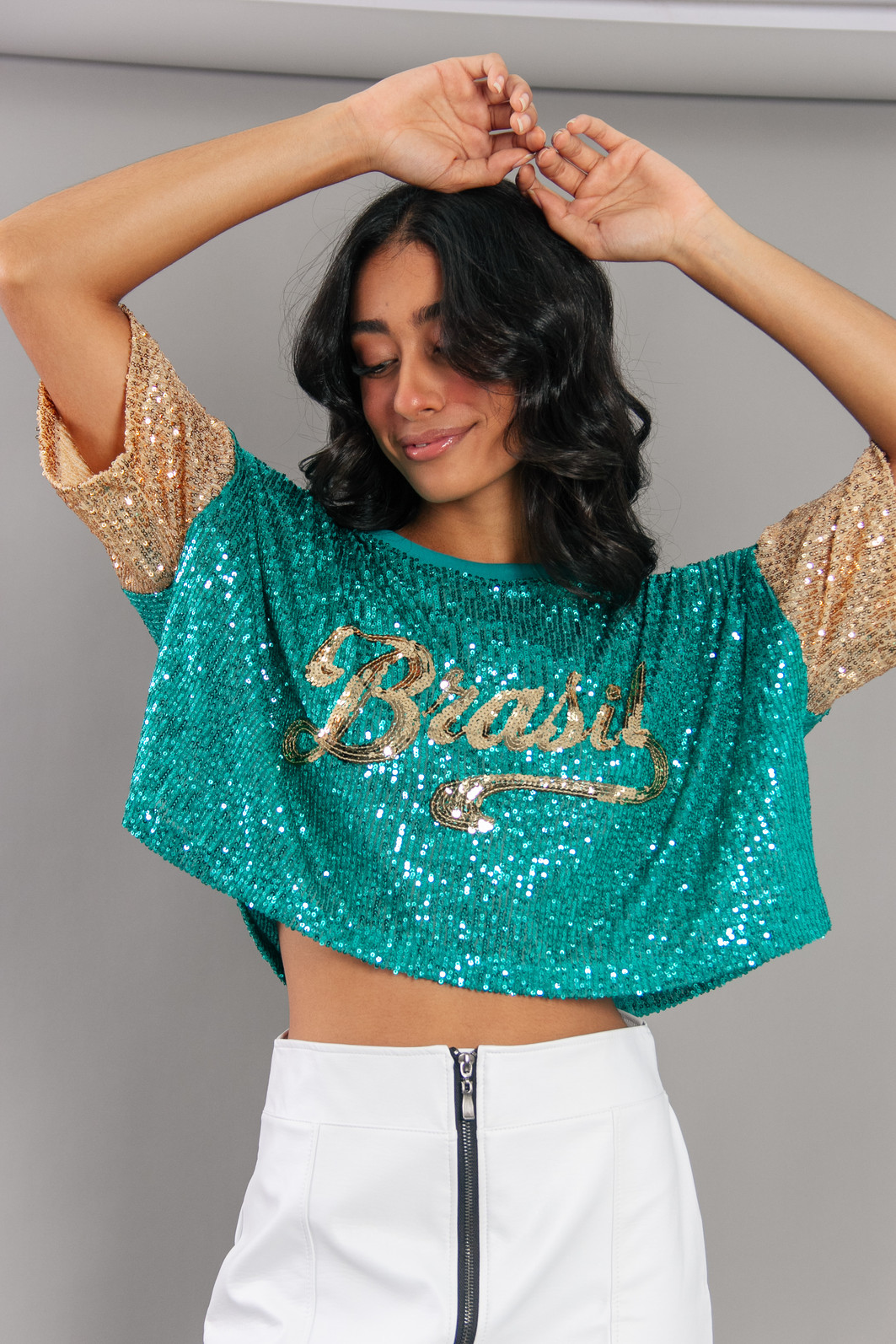 CROPPED PAETÊS VERDE BRASIL COM BORDADO