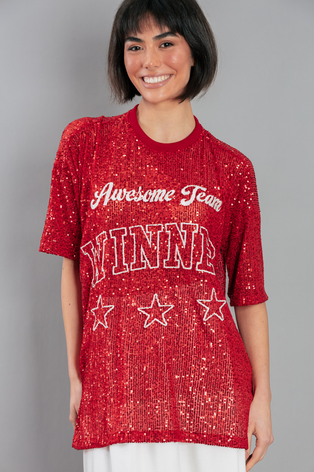 CAMISETA T-SHIRT OVERSIZED DE PAETÊ VERMELHO WINNER