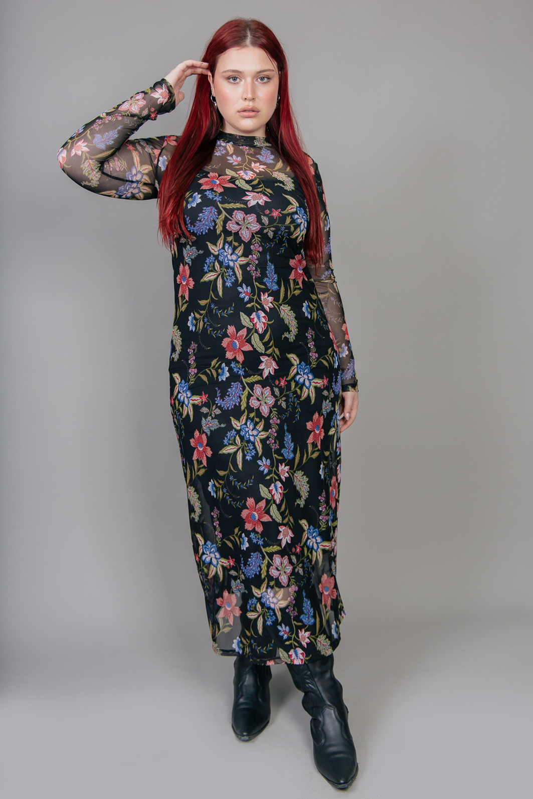 VESTIDO LONGO MANGA LONGA DE TULE ESTAMPADO FLORAL VESTIDO LONGO MANGA LONGA DE TULE ESTAMPADO FLORAL