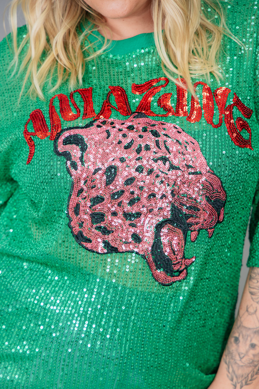 T-SHIRT VINTAGE DE PAETÊS VERDE COM BORDADO FRENTE AMAZING T-SHIRT VINTAGE DE PAETÊS VERDE COM BORDADO FRENTE AMAZING