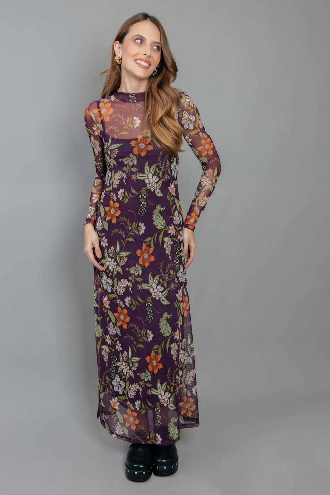 VESTIDO MANGA LONGA DE TULE ESTAMPADO FLORAL ROXO