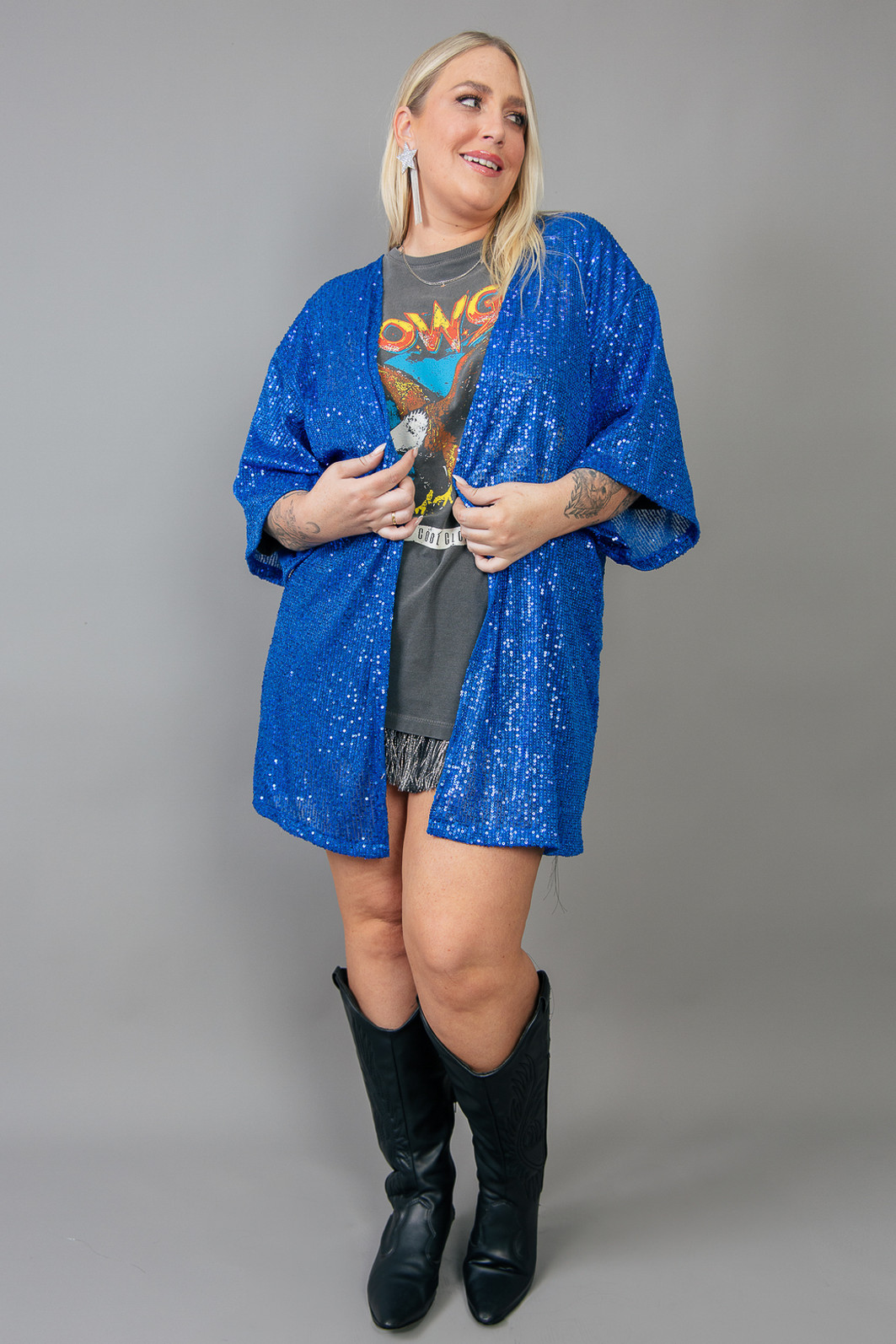 KIMONO COMPRIDO EM PAETÊ AZUL BORDADO PARTY ON