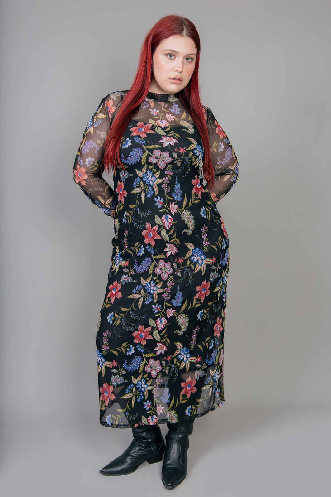 VESTIDO LONGO MANGA LONGA DE TULE ESTAMPADO FLORAL VESTIDO LONGO MANGA LONGA DE TULE ESTAMPADO FLORAL