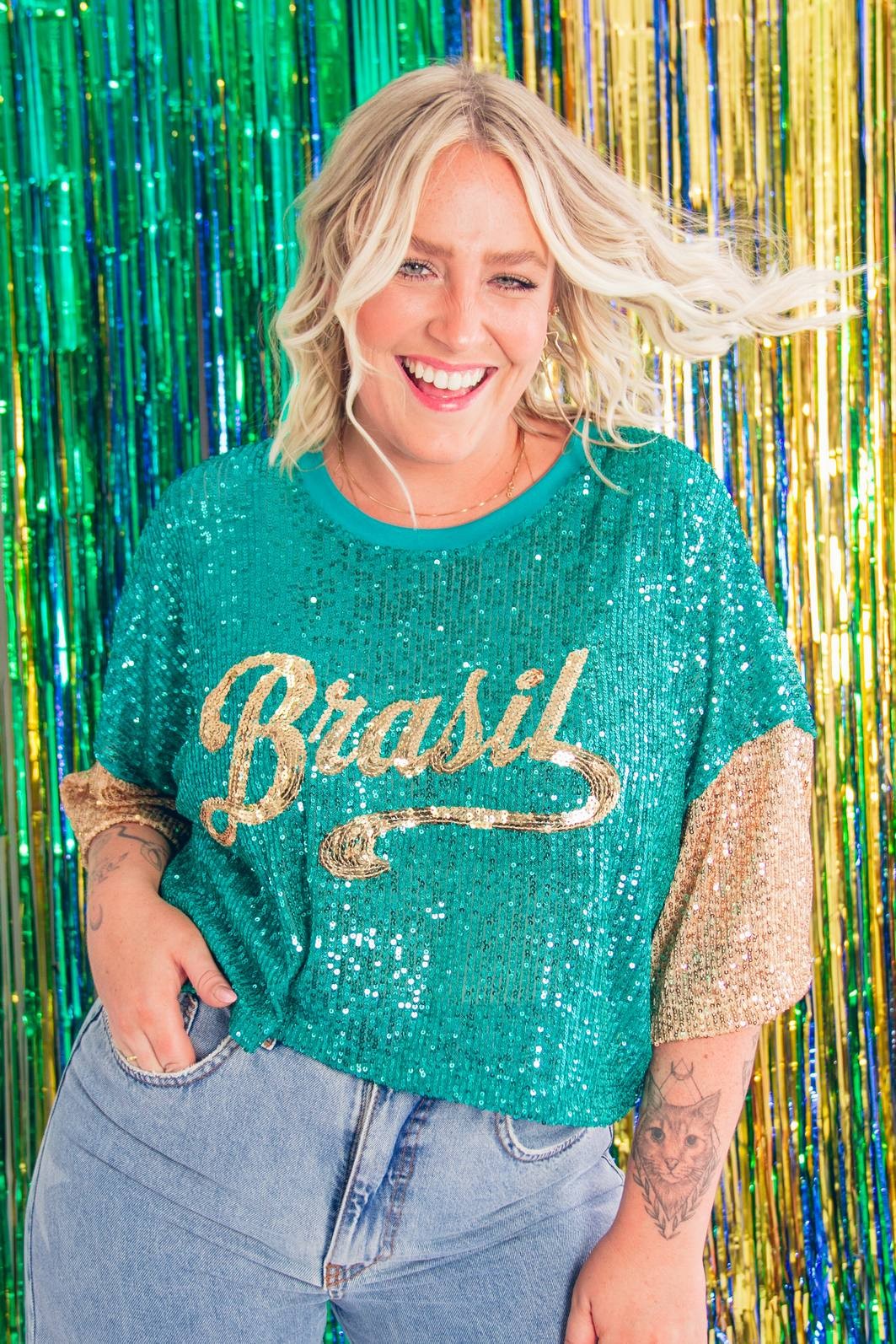 CROPPED PAETÊS VERDE BRASIL COM BORDADO