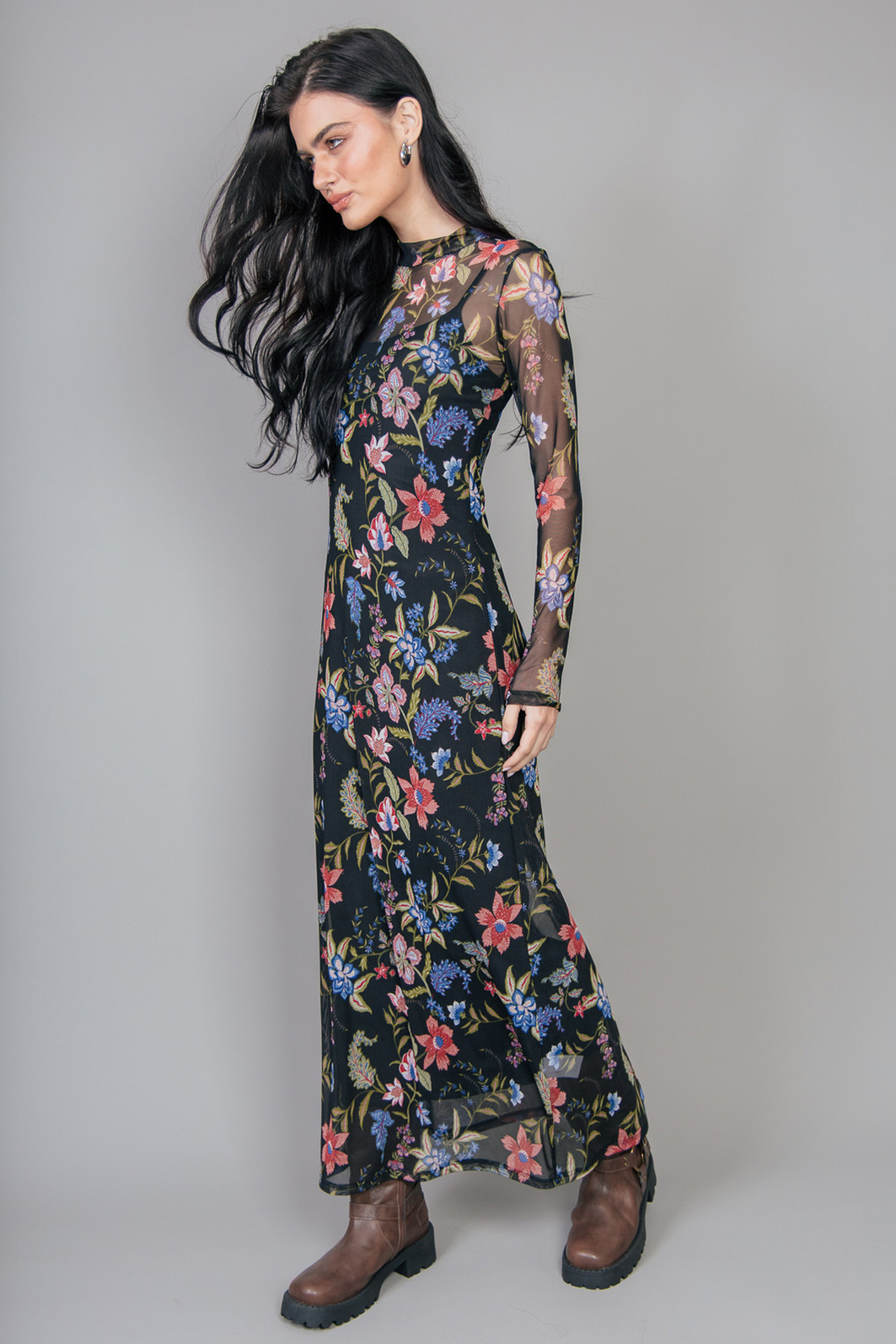 VESTIDO LONGO MANGA LONGA DE TULE ESTAMPADO FLORAL VESTIDO LONGO MANGA LONGA DE TULE ESTAMPADO FLORAL