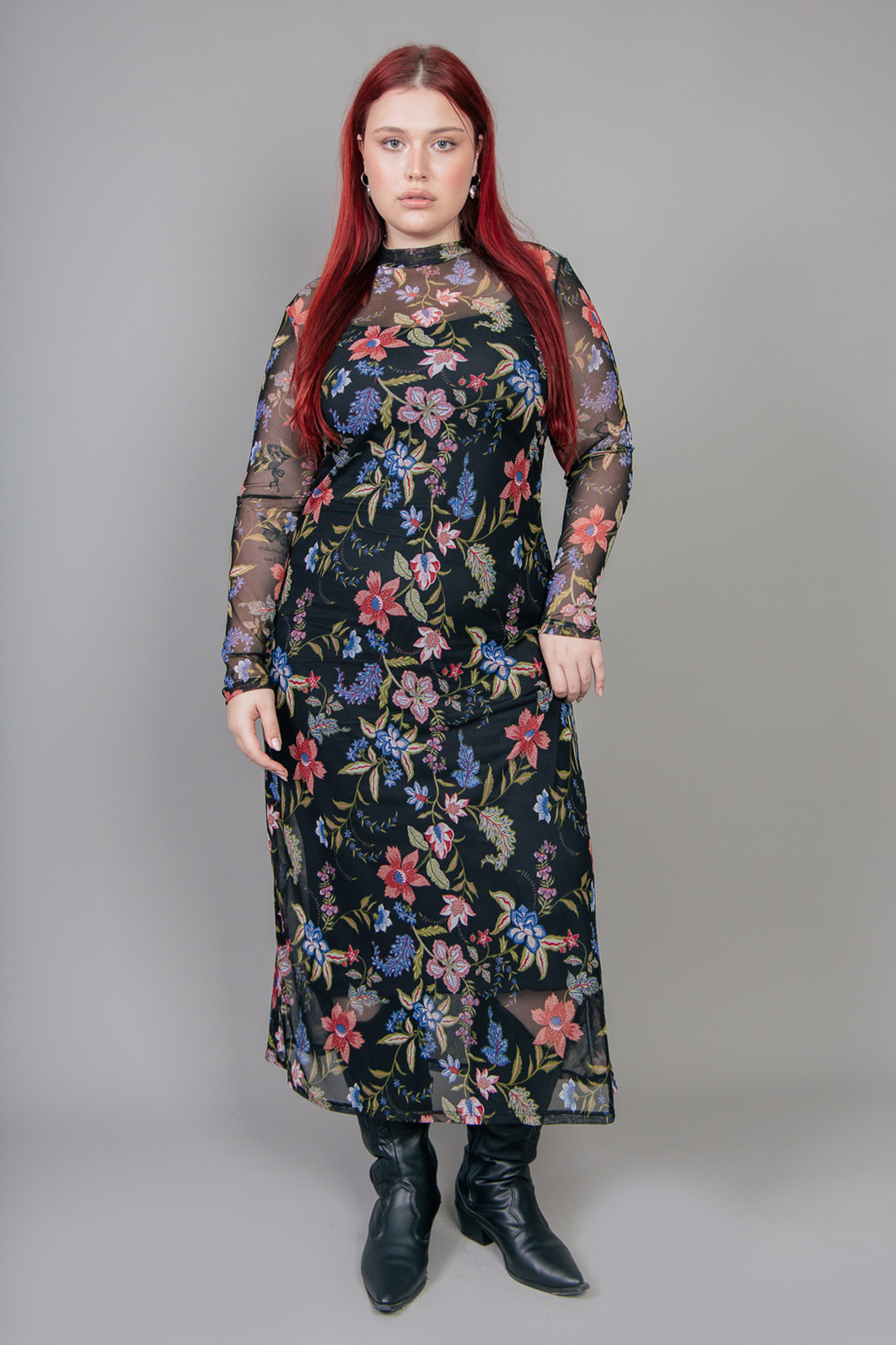 VESTIDO LONGO MANGA LONGA DE TULE ESTAMPADO FLORAL VESTIDO LONGO MANGA LONGA DE TULE ESTAMPADO FLORAL