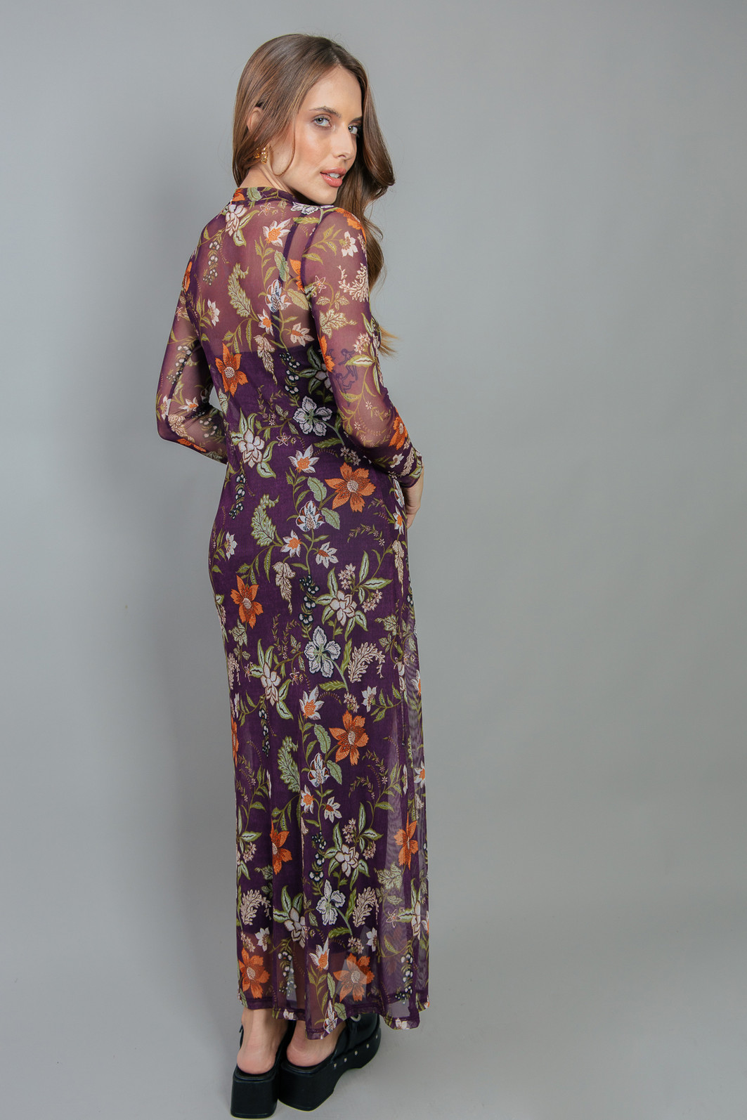 VESTIDO MANGA LONGA DE TULE ESTAMPADO FLORAL ROXO
