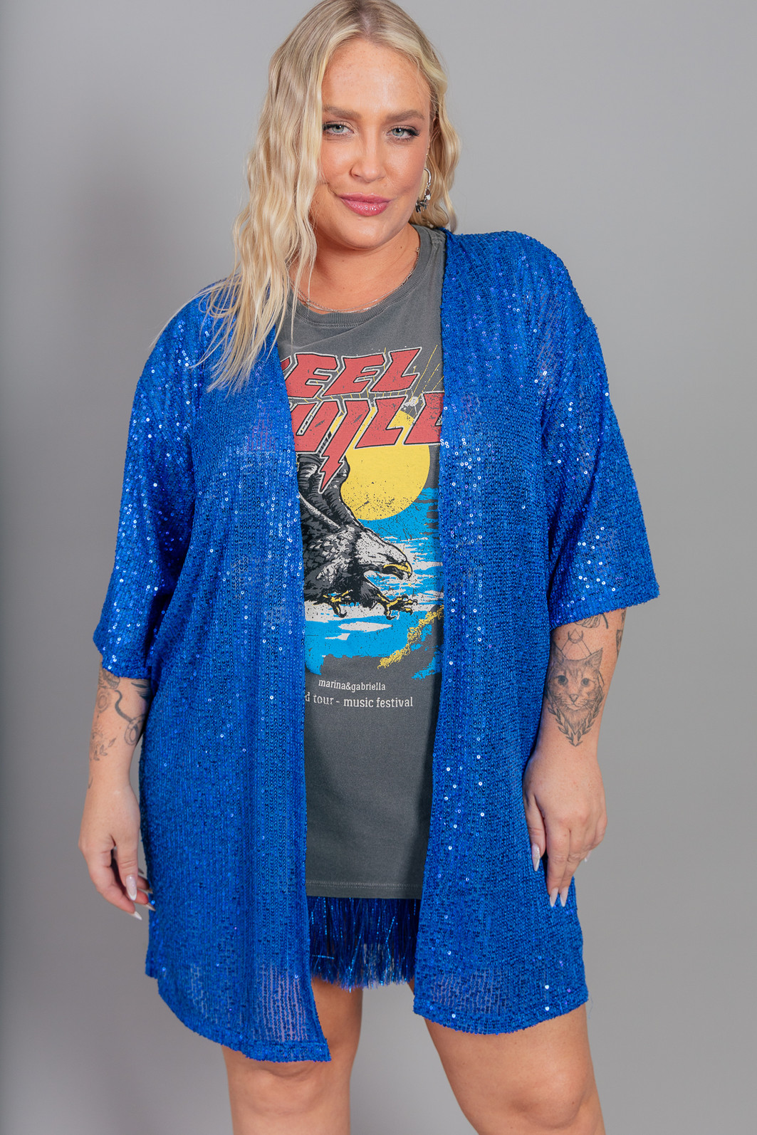 KIMONO COMPRIDO EM PAETÊ AZUL BORDADO PARTY ON