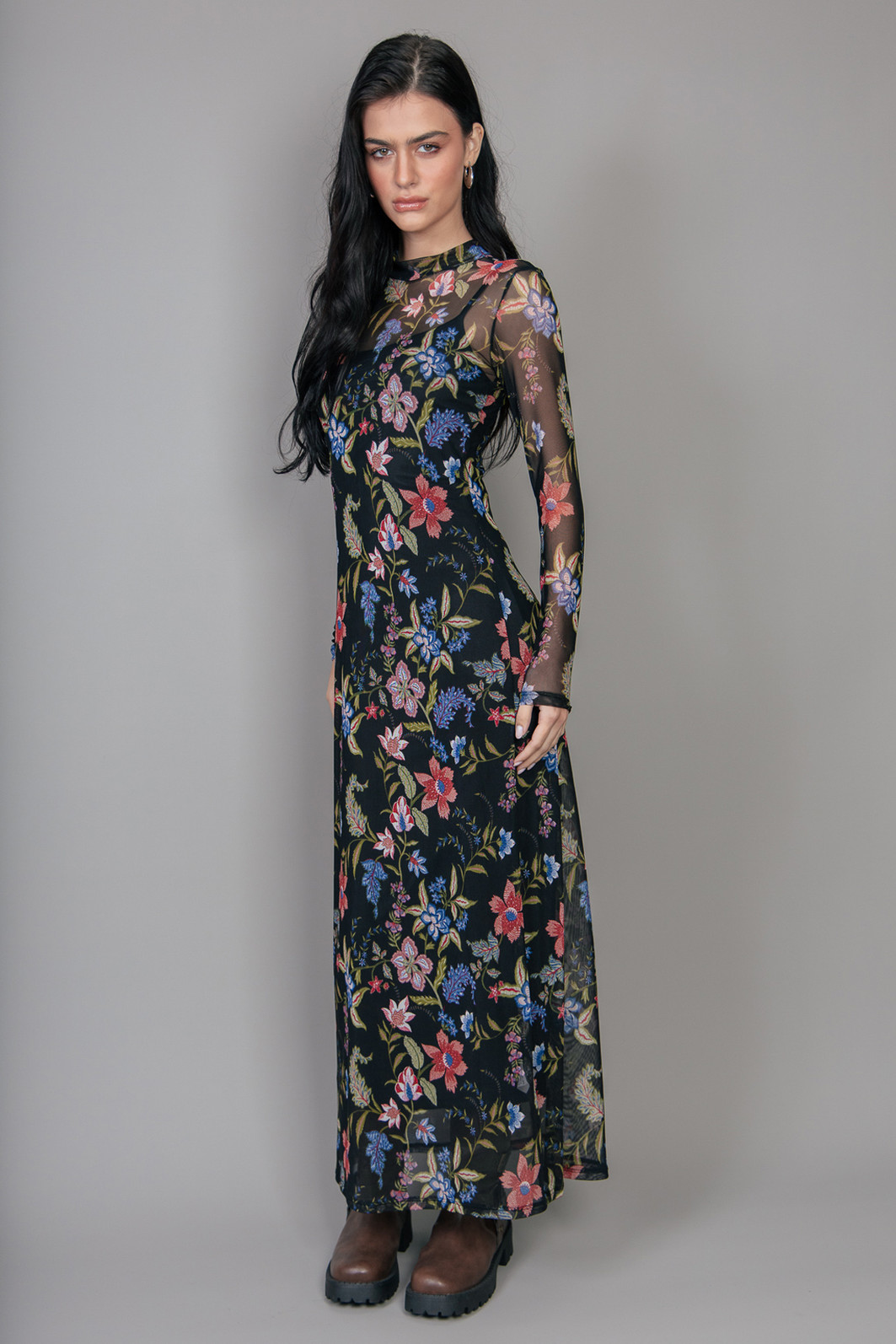 VESTIDO LONGO MANGA LONGA DE TULE ESTAMPADO FLORAL VESTIDO LONGO MANGA LONGA DE TULE ESTAMPADO FLORAL