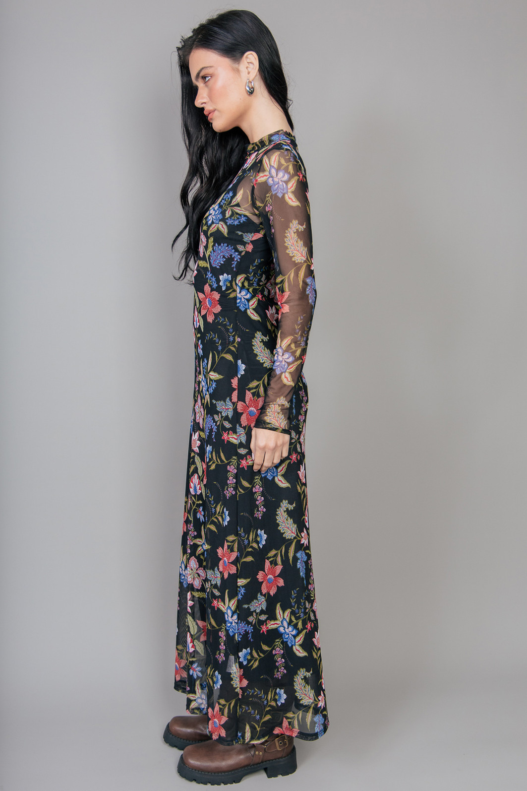 VESTIDO LONGO MANGA LONGA DE TULE ESTAMPADO FLORAL VESTIDO LONGO MANGA LONGA DE TULE ESTAMPADO FLORAL