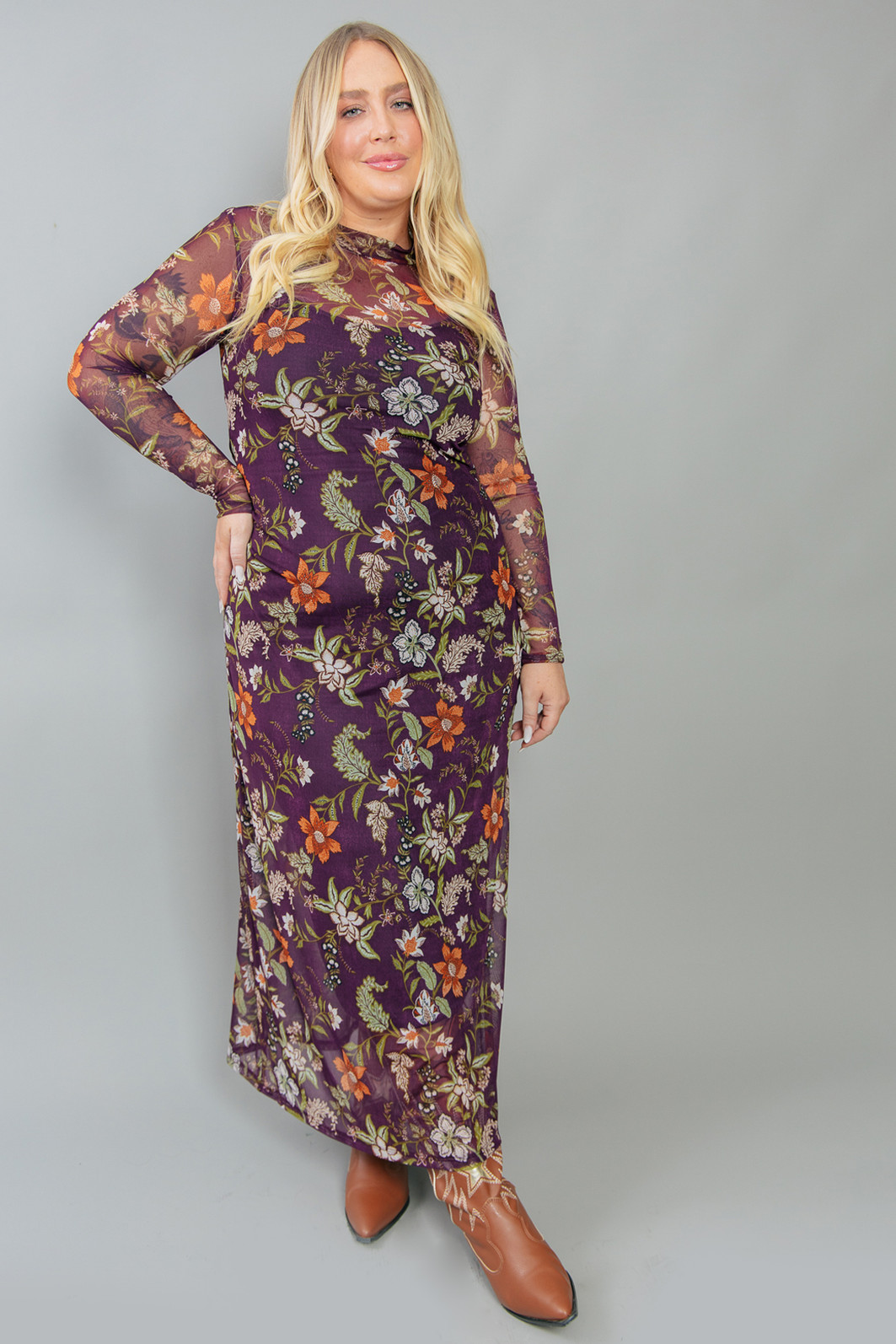 VESTIDO MANGA LONGA DE TULE ESTAMPADO FLORAL ROXO