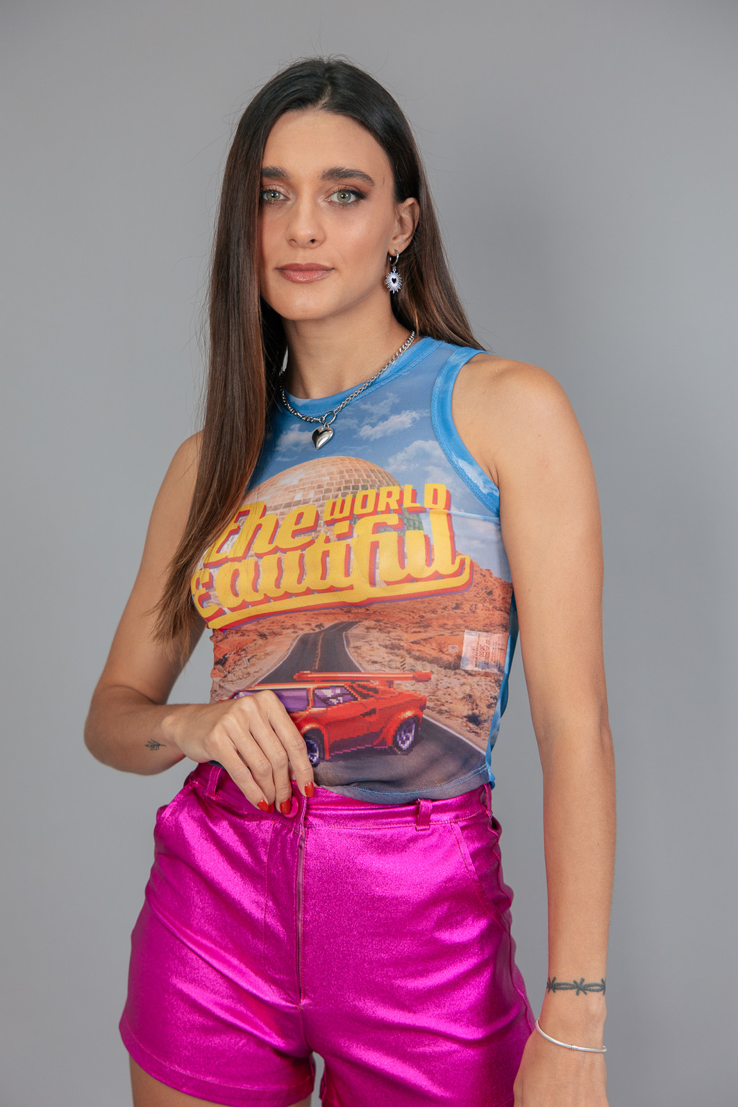 BLUSA REGATA DE TULE ESTAMPADA THE WORLD