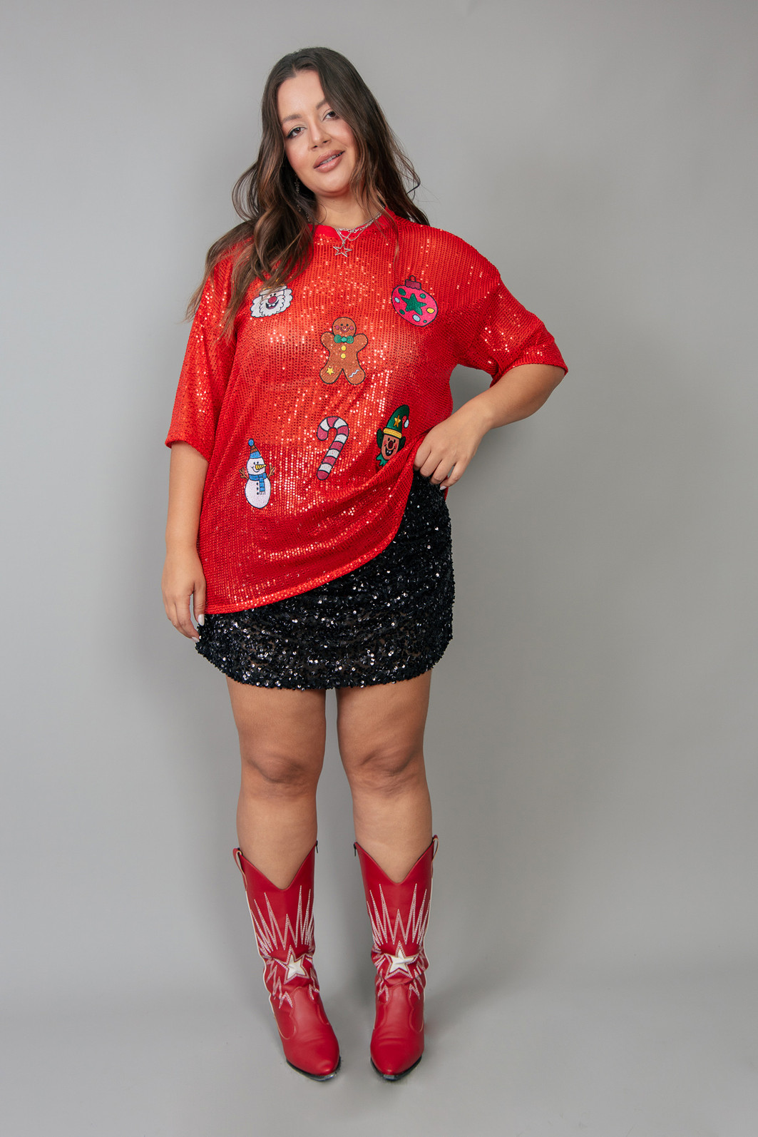 CAMISETA T-SHIRT OVERSIZED DE PAETÊ  VERMELHO XMAS