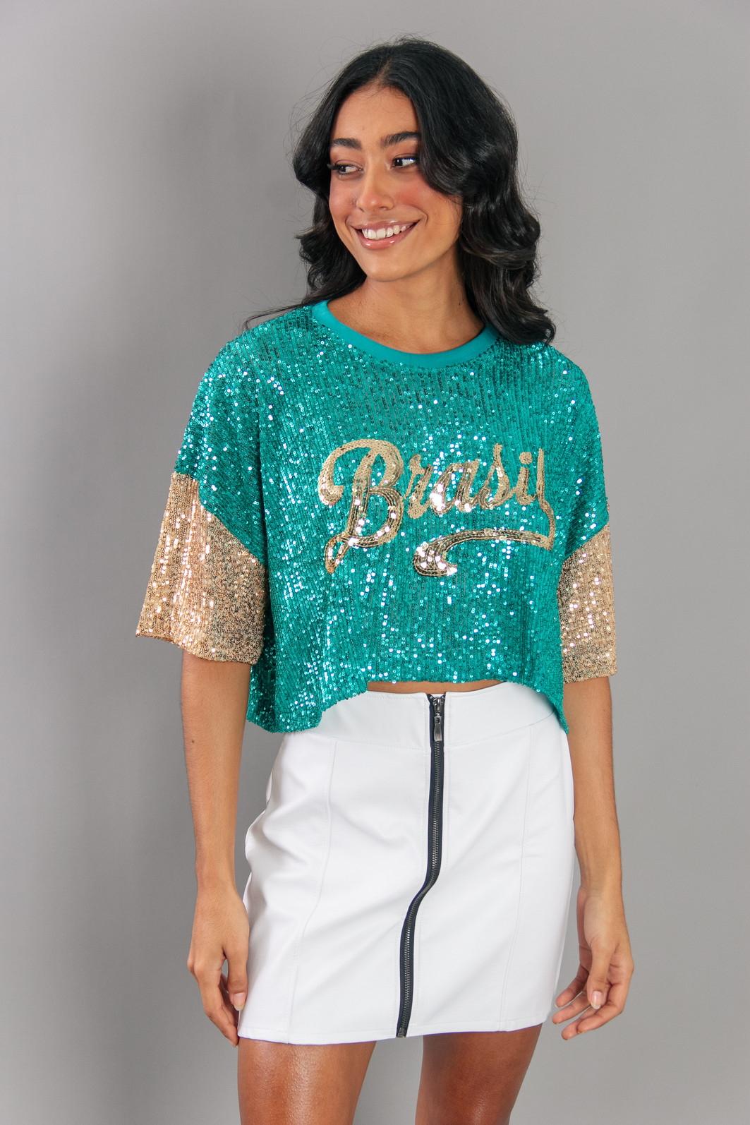 CROPPED PAETÊS VERDE BRASIL COM BORDADO