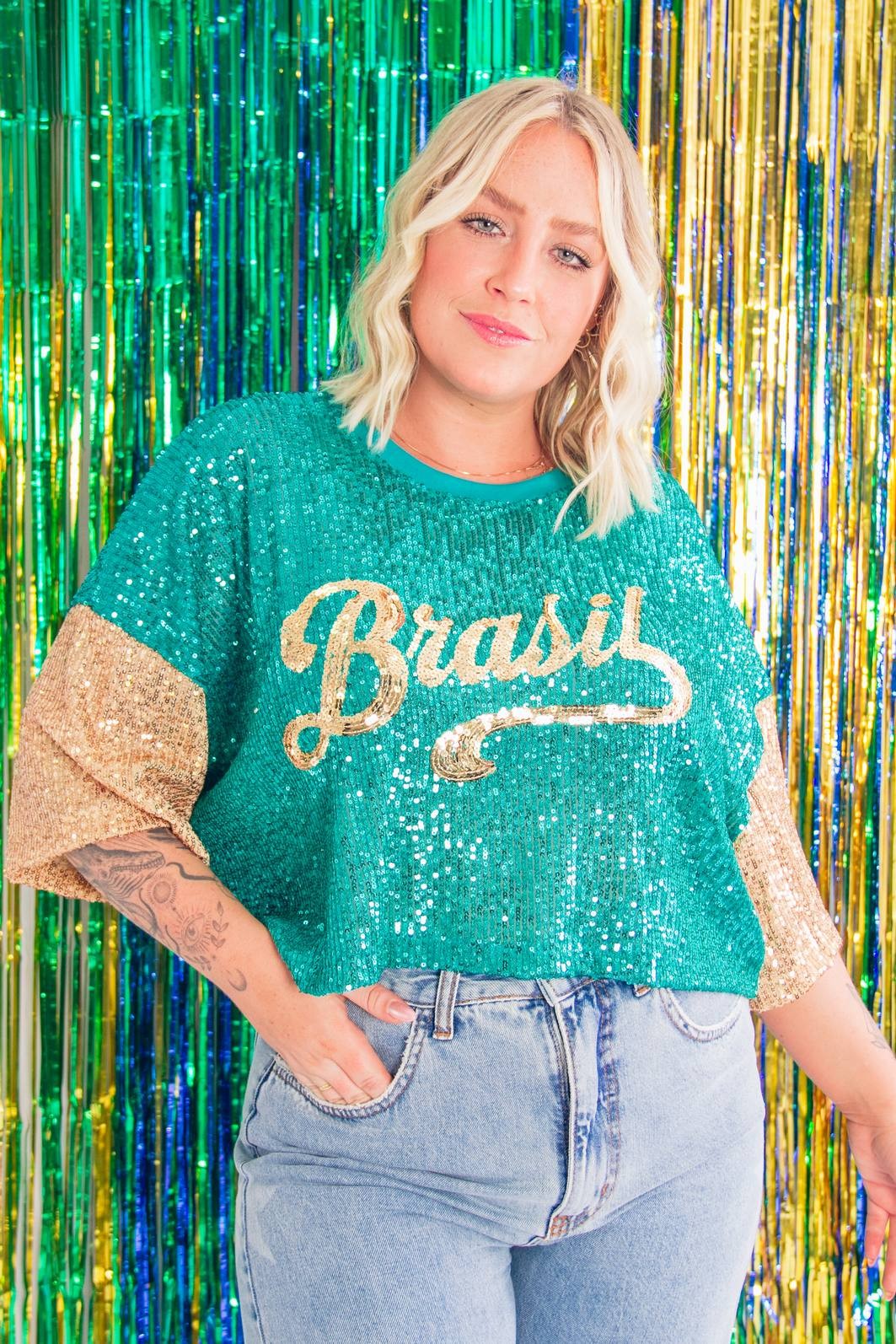 CROPPED PAETÊS VERDE BRASIL COM BORDADO