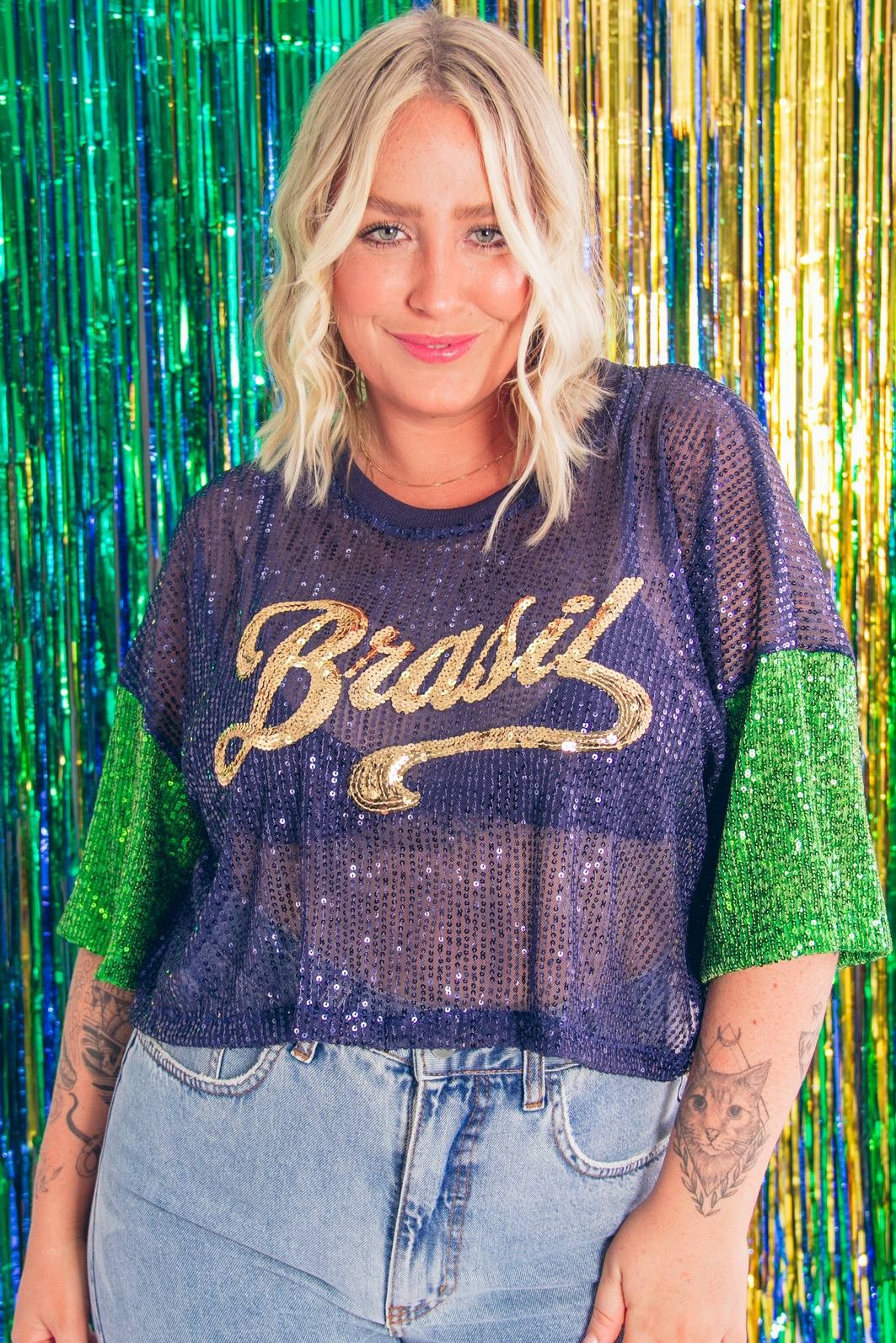 CROPPED PAETÊS MARINHO BRASIL COM BORDADO