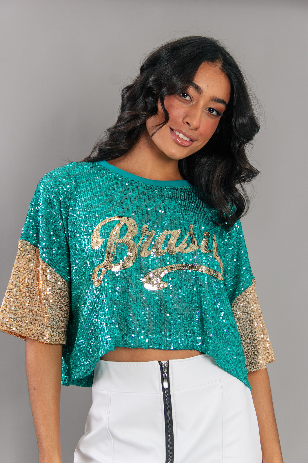 CROPPED PAETÊS VERDE BRASIL COM BORDADO