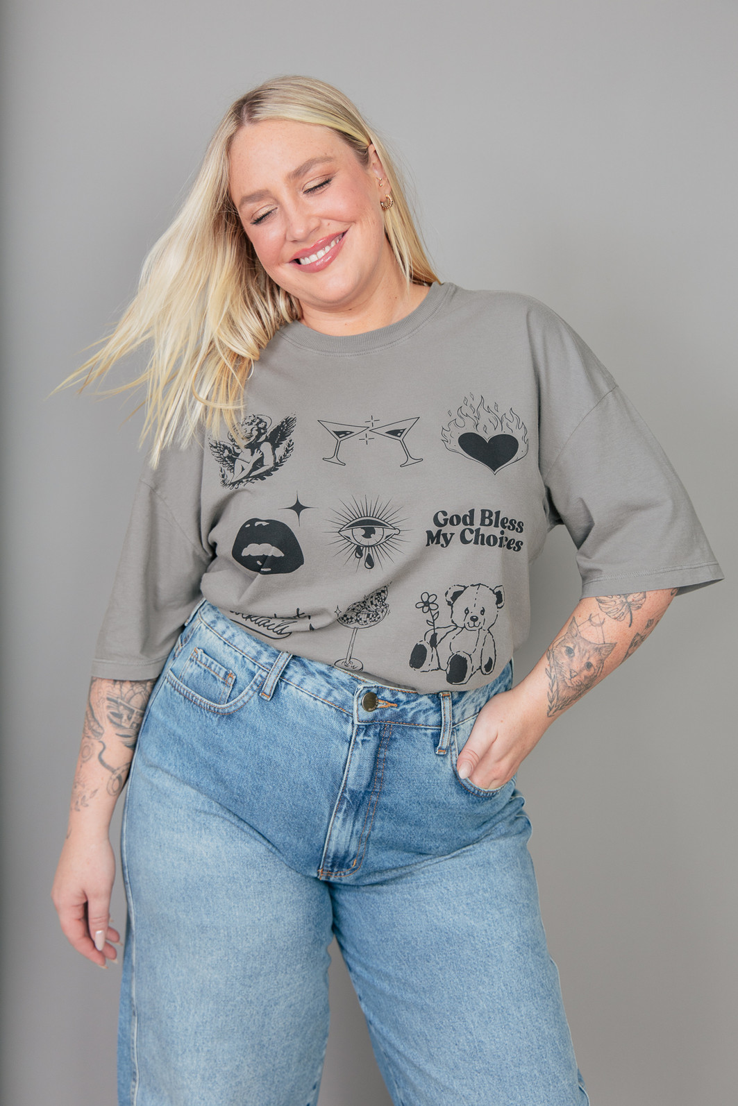 CAMISETA T-SHIRT VINTAGE CINZA BLESS MY CHOICES