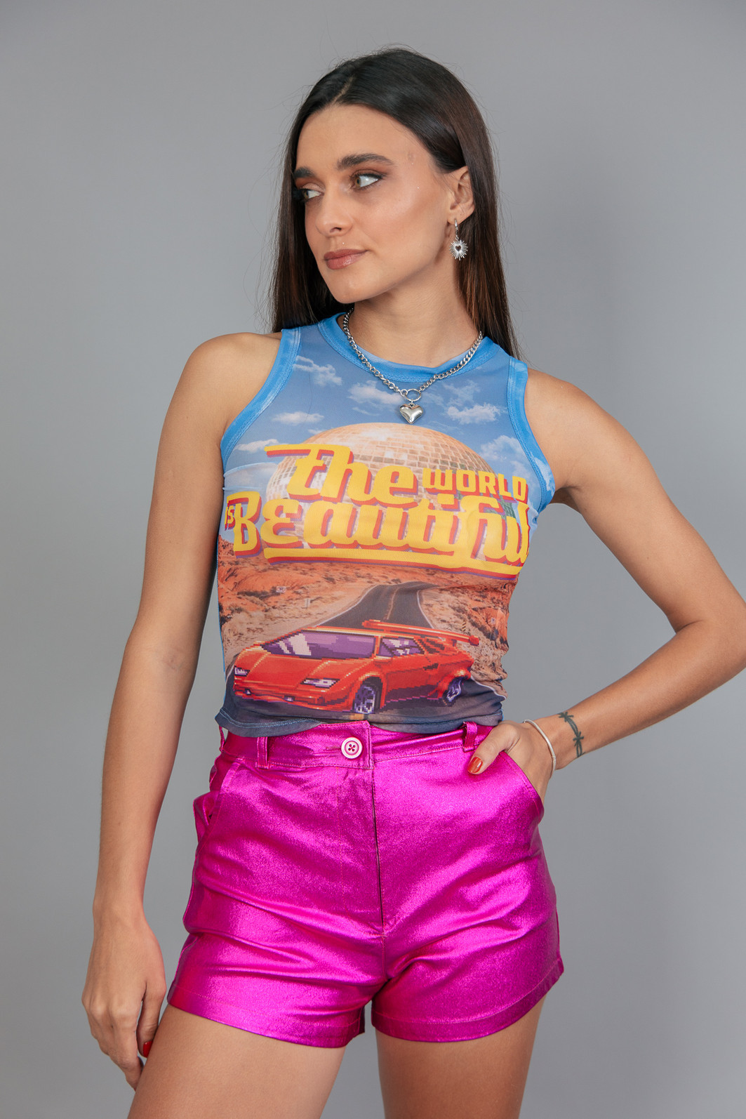 BLUSA REGATA DE TULE ESTAMPADA THE WORLD