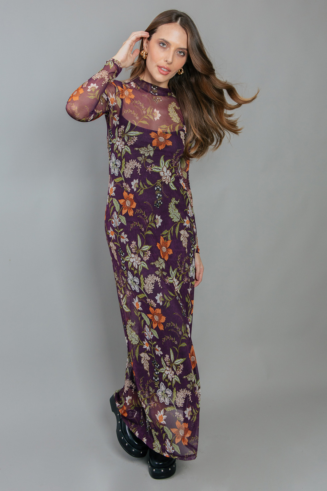 VESTIDO MANGA LONGA DE TULE ESTAMPADO FLORAL ROXO