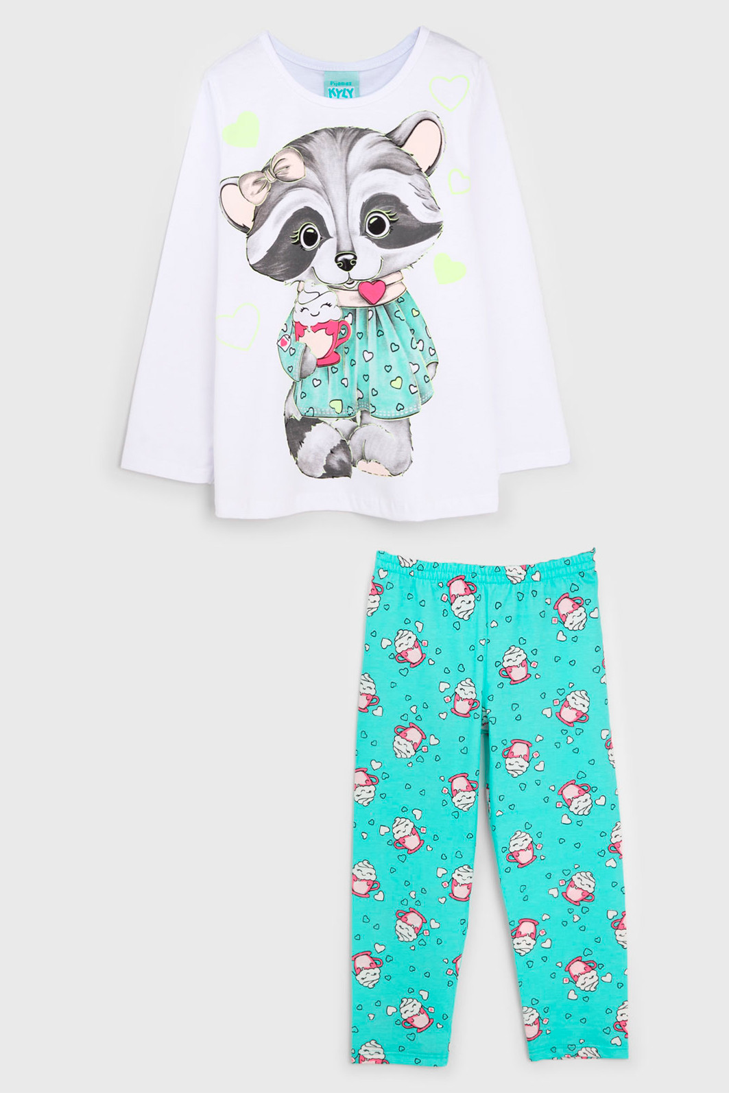 Pijama Kyly Longo Infantil Guaxinim Branco/Verde Pijama Kyly Longo Infantil Guaxinim Branco/Verde