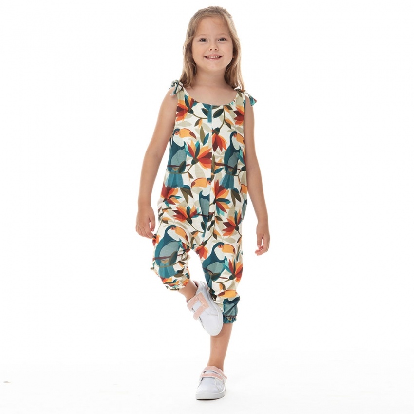Macacão Infantil Com Bolso Tucano Flores Color Fundo Texturizado Macacão Infantil Com Bolso Tucano Flores Color Fundo Texturizado