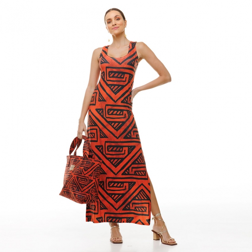 Vestido Hortência Indígena Fundo Telha