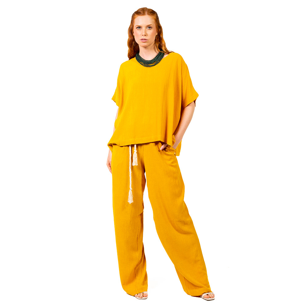 Calça Ampla Linho Mostarda Calça Ampla Linho Mostarda