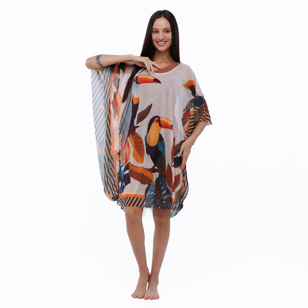 Saída de Praia Feminina Kaftan Tule Maré Estampada Tucanos Tela Bordada