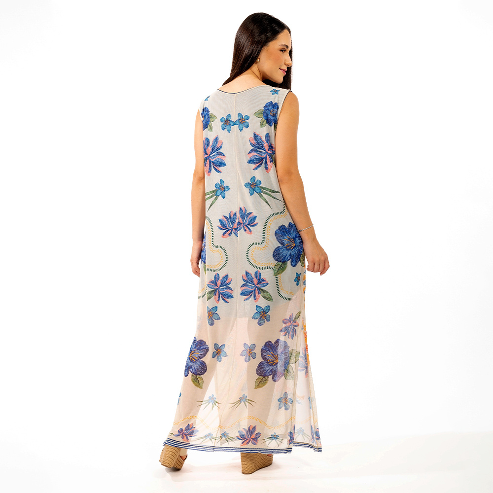 Vestido Estampado Tule Maré Passaros e Flores Bordado