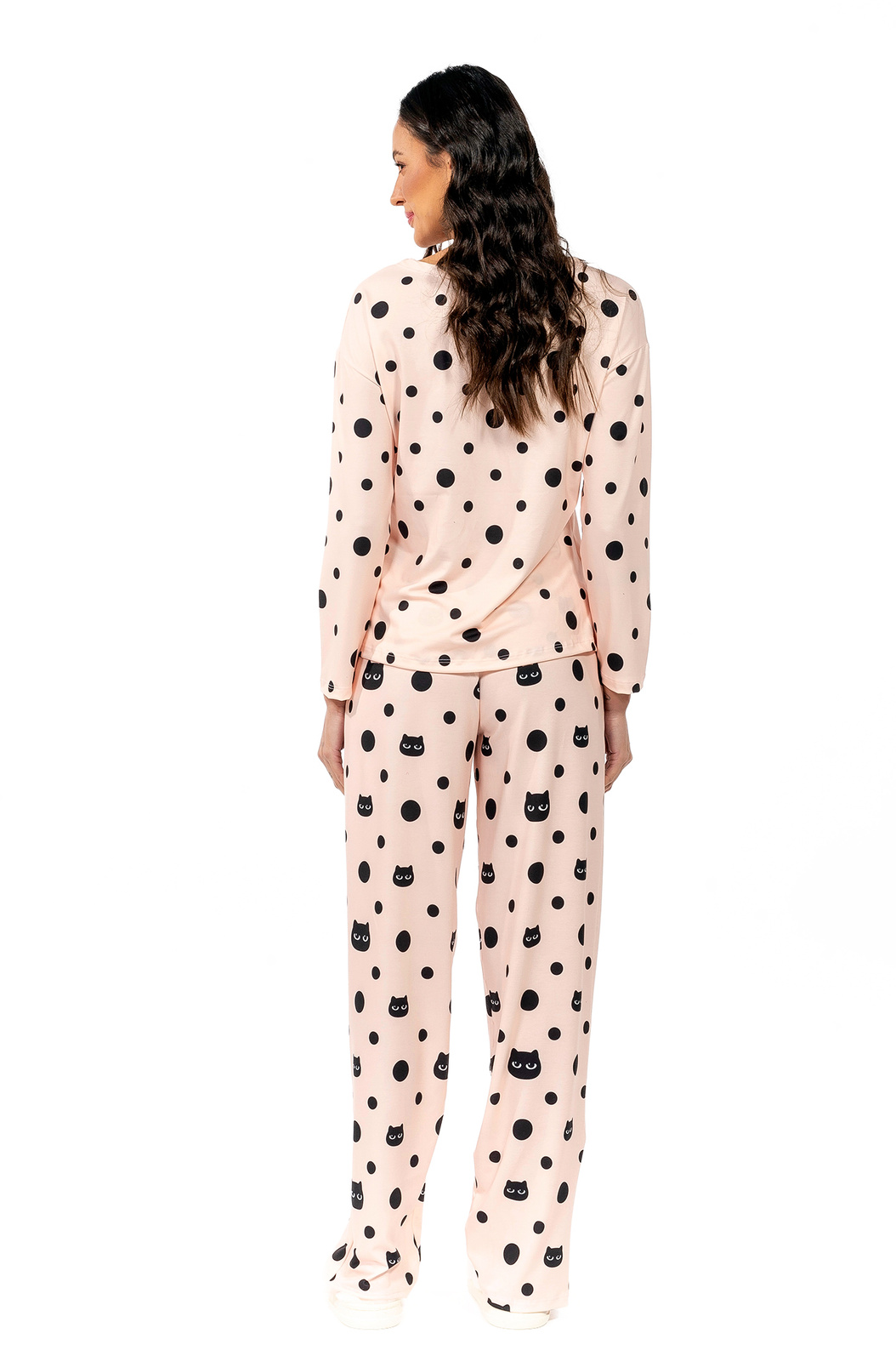 Pijama Feminino Manga Longa Adulto Estampado Poá Gato Preto Pijama Feminino Manga Longa Adulto Estampado Poá Gato Preto