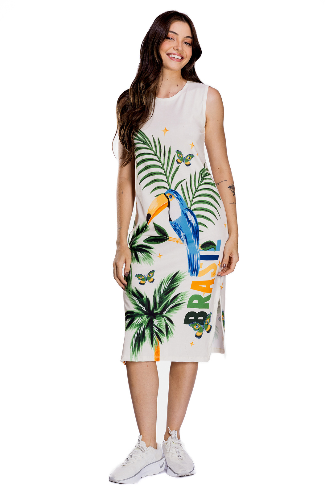 Vestido Feminino Clássico Midi Estampado Elementos Brasil Aquarela Vestido Feminino Clássico Midi Estampado Elementos Brasil Aquarela