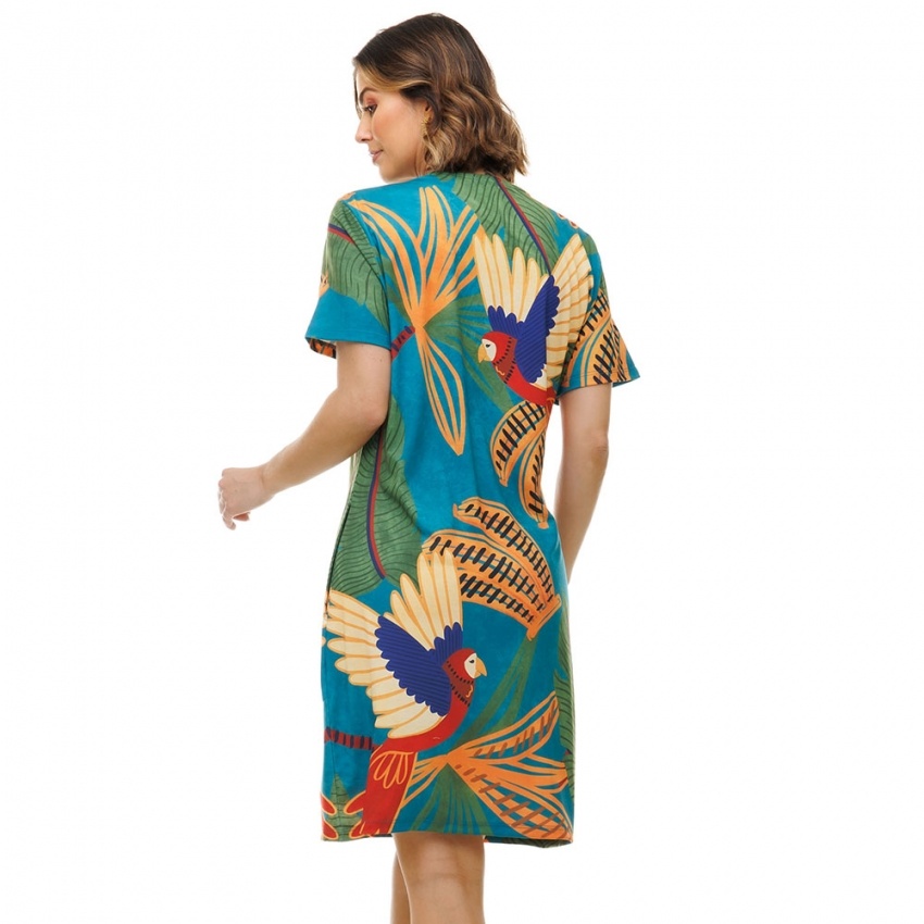 Vestido Floresta Arara e Banana Petróleo Vestido Floresta Arara e Banana Petróleo