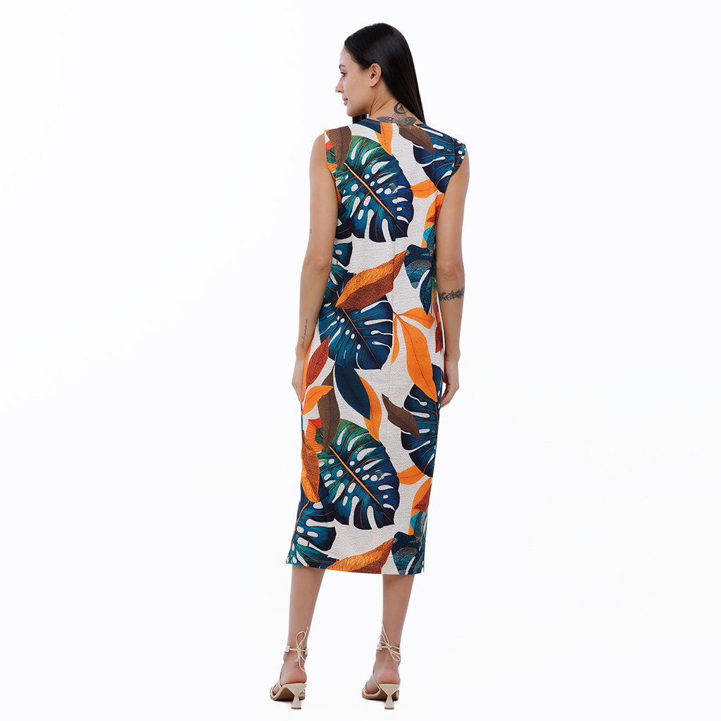 Vestido Feminino Clássico Midi Estampado Tucanos Tela Bordada