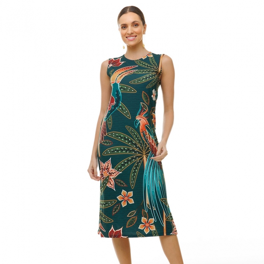 Vestido Estampado Clássico Midi Pássaros e Flores Vestido Estampado Clássico Midi Pássaros e Flores