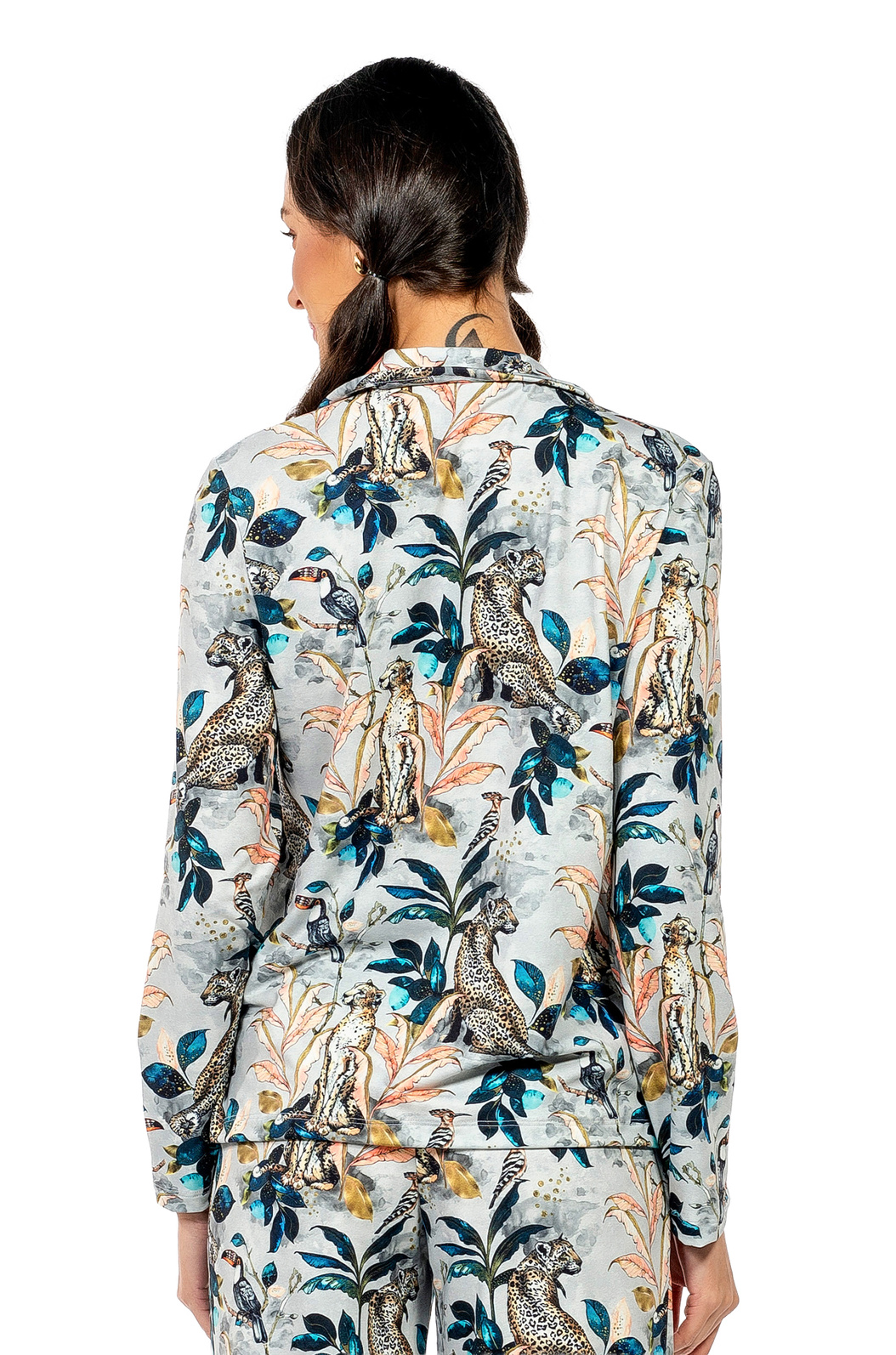 Pijama Feminino Manga Longa Americano Estampado Onça Tucano Pintura Pijama Feminino Manga Longa Americano Estampado Onça Tucano Pintura