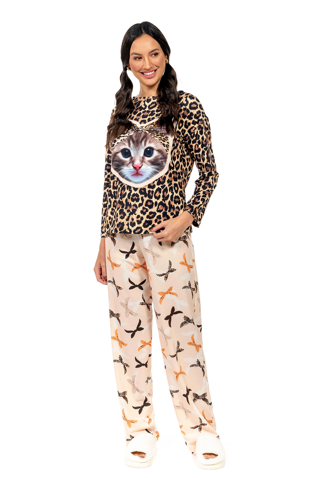Pijama Feminino Manga Longa Adulto Estampado Cute Cat Pijama Feminino Manga Longa Adulto Estampado Cute Cat