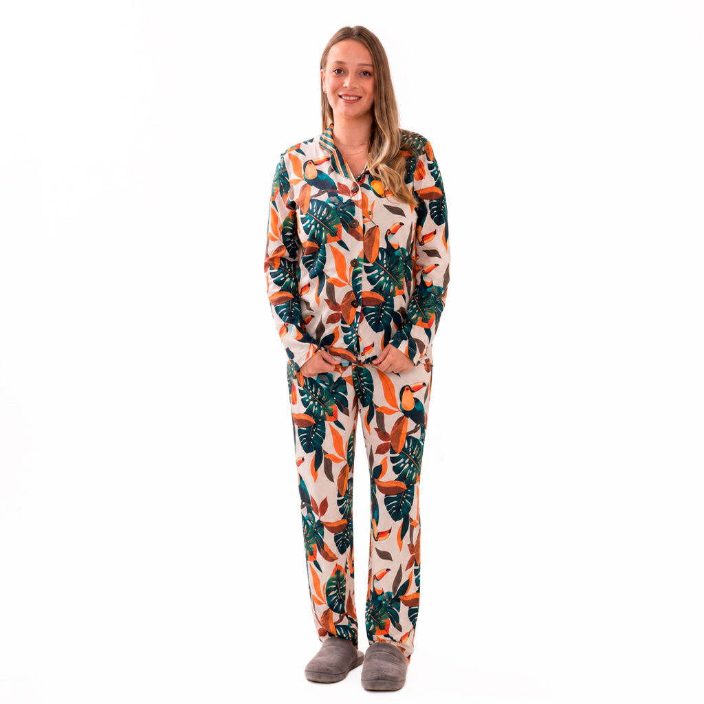 Pijama Feminino Manga Longa Americano Estampado Tucanos Tela Bordada