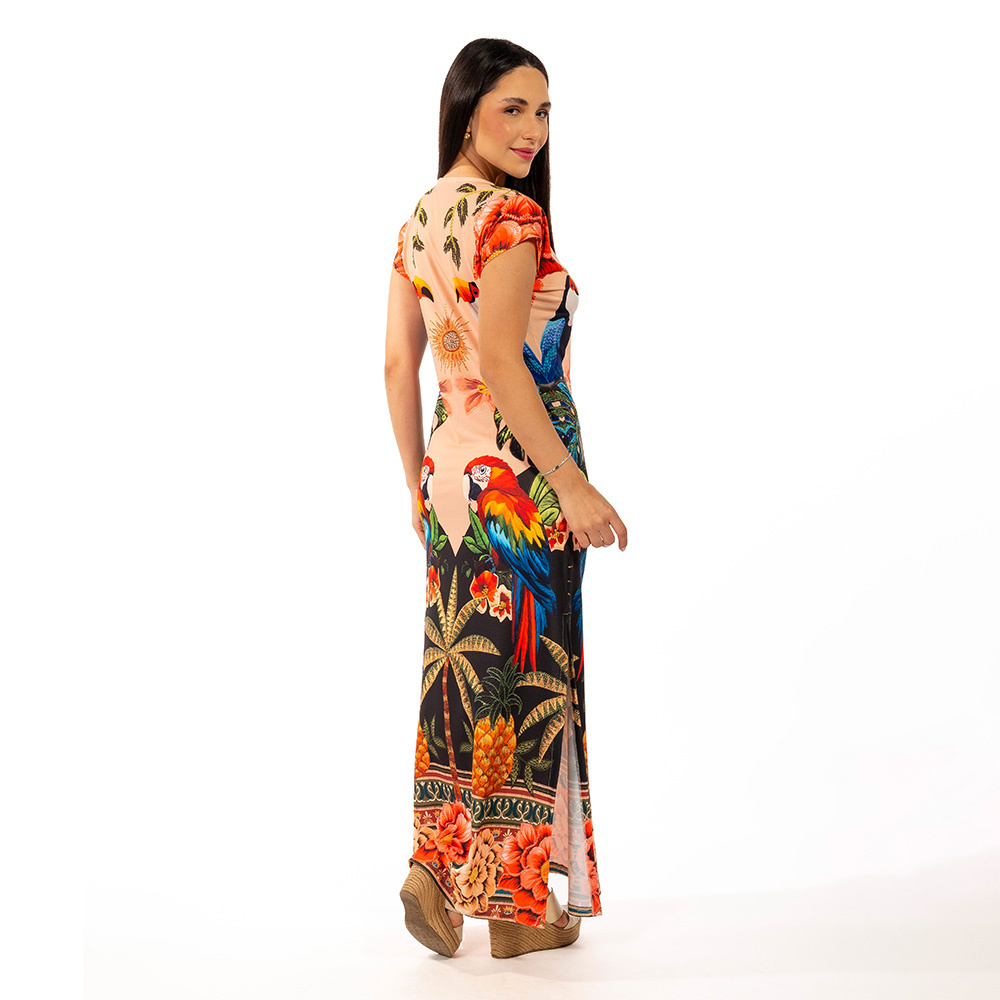 Vestido Longo Jeri Aves Tropicais Barrado Vestido Longo Jeri Aves Tropicais Barrado