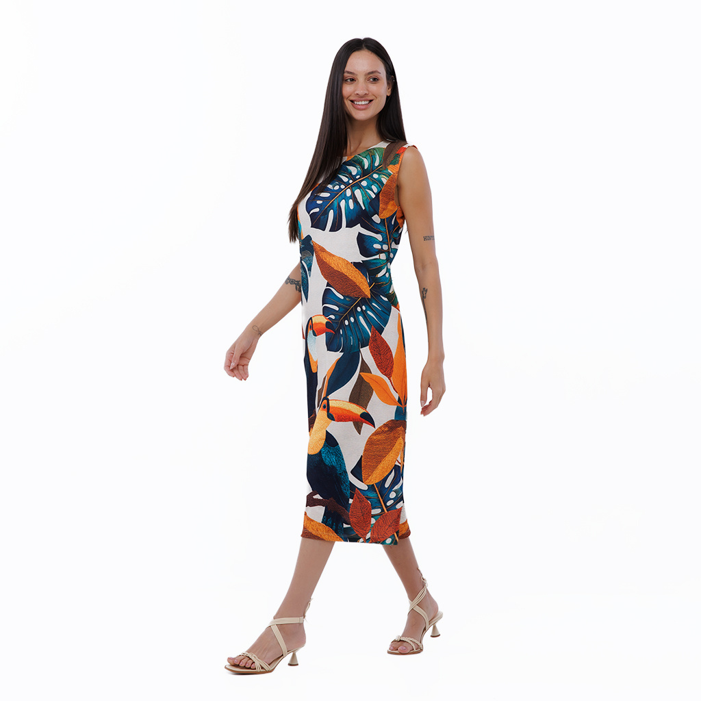 Vestido Feminino Clássico Midi Estampado Tucanos Tela Bordada