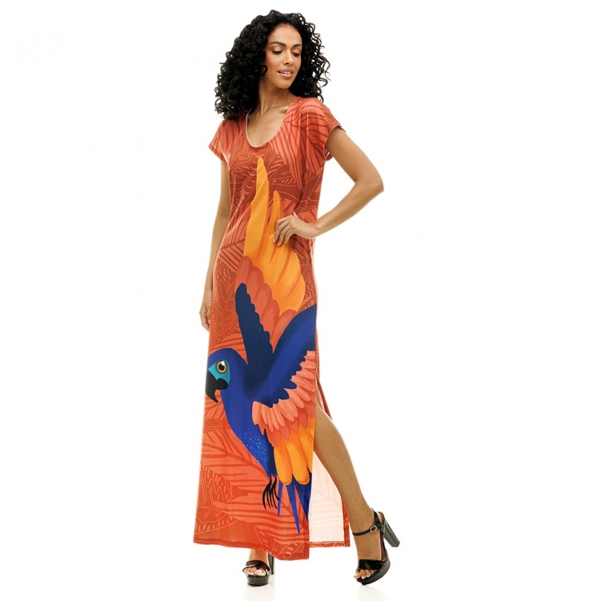 Vestido Longo Jeri Arara, Tucano e Folhas Coloridas