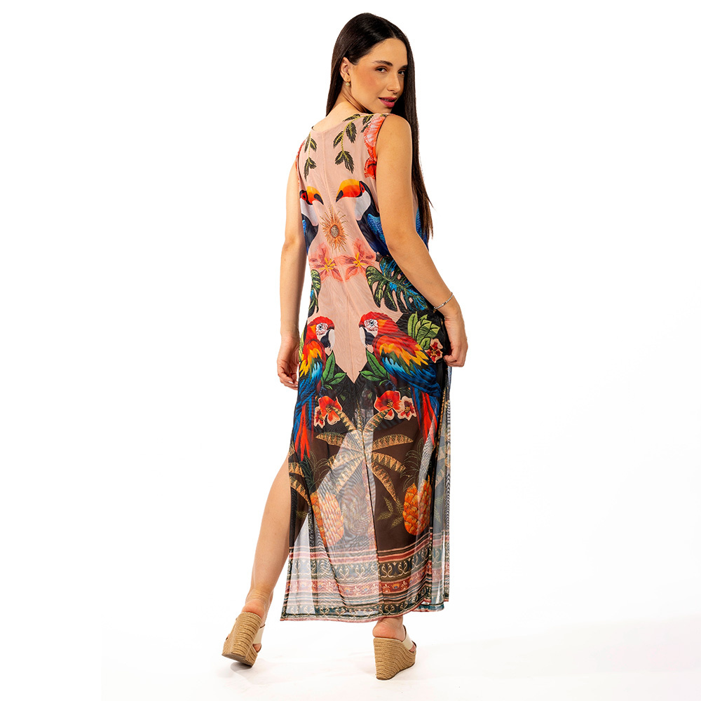Vestido Estampado Tule Maré Aves Tropicais Barrado Vestido Estampado Tule Maré Aves Tropicais Barrado