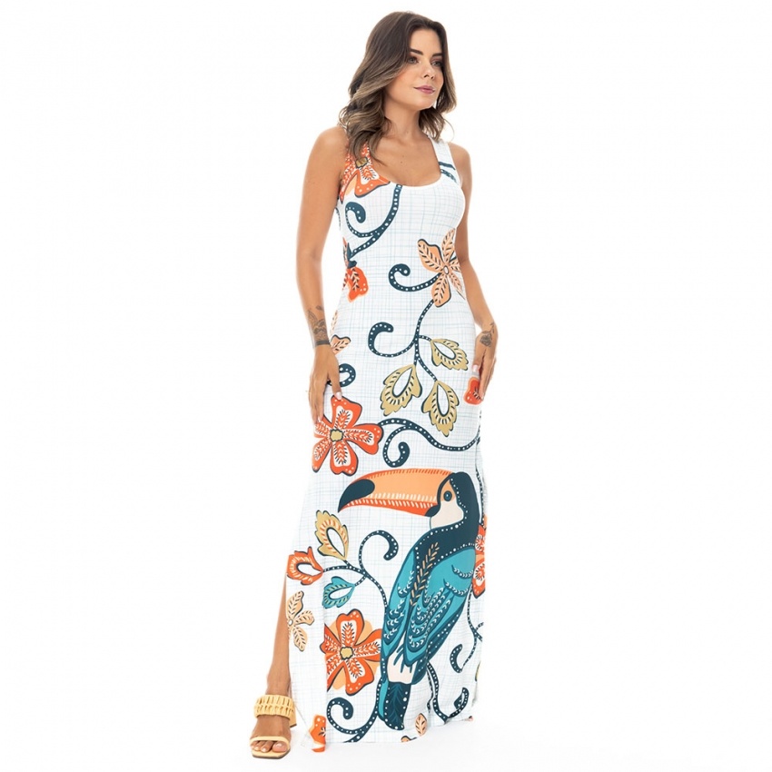 Vestido Hortência Tucano Desenho Tela Branca Vestido Hortência Tucano Desenho Tela Branca