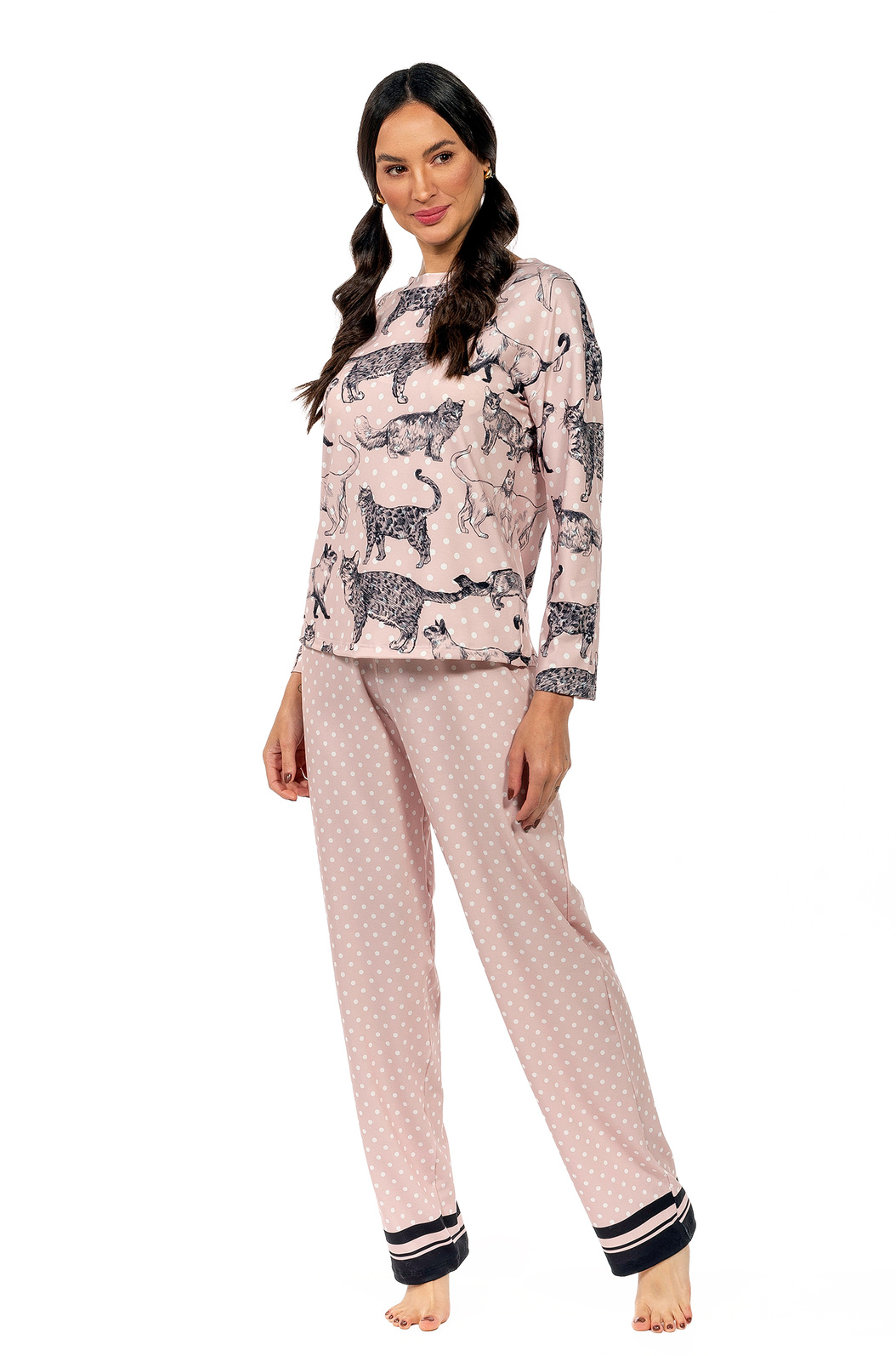 Pijama Feminino Manga Longa Adulto Estampado Gato Traços Poá Pijama Feminino Manga Longa Adulto Estampado Gato Traços Poá