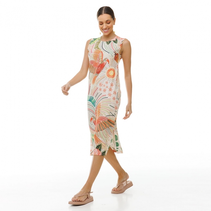 Vestido Estampado Clássico Midi Bordados Araras Vestido Estampado Clássico Midi Bordados Araras