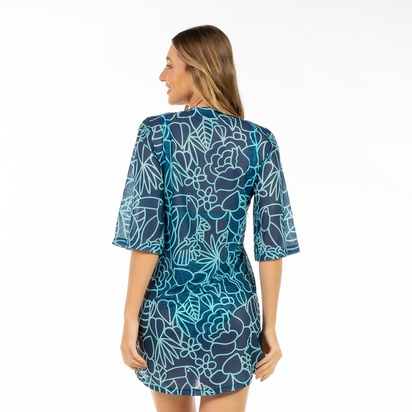 Saída de Praia Chemise Alongada Tucano Flores Linhas Azul