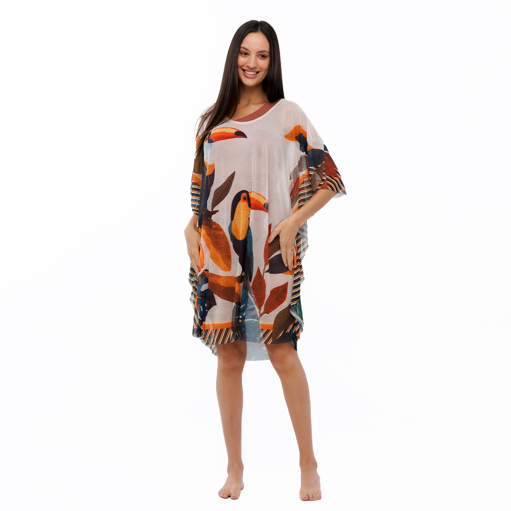 Saída de Praia Feminina Kaftan Tule Maré Estampada Tucanos Tela Bordada