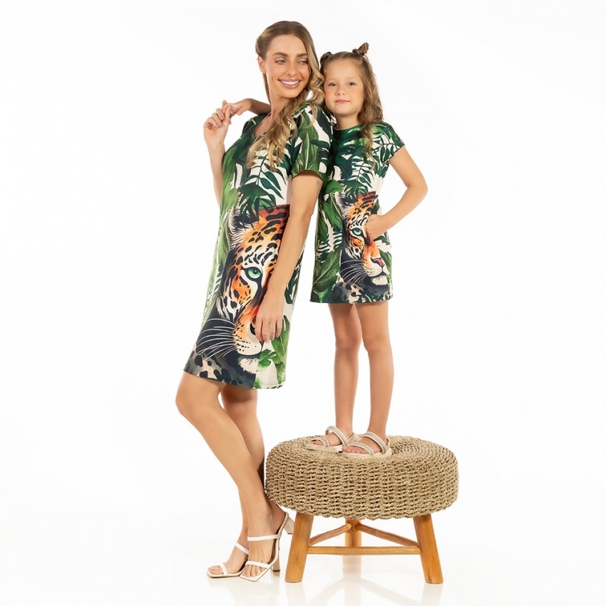 Vestido Floresta Infantil Onça Folhagens Fundo Off