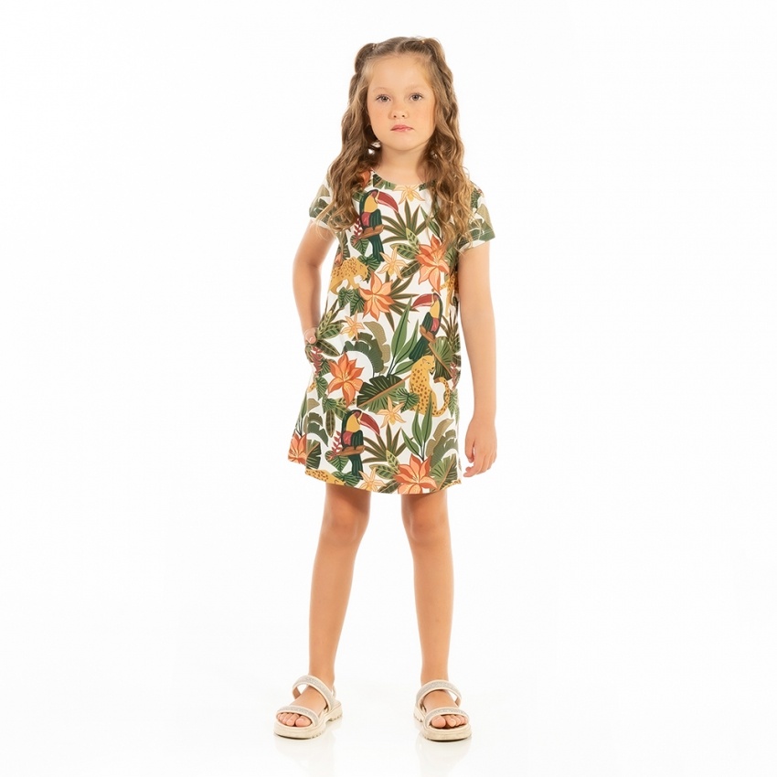 Vestido Floresta Infantil Onça Tucano Tropical Fundo Off