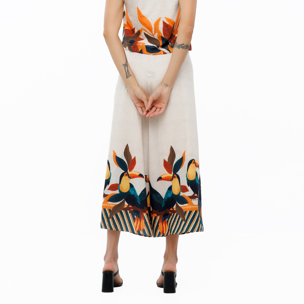 Calça Feminina Transpassada Estampada Tucanos Tela Bordada